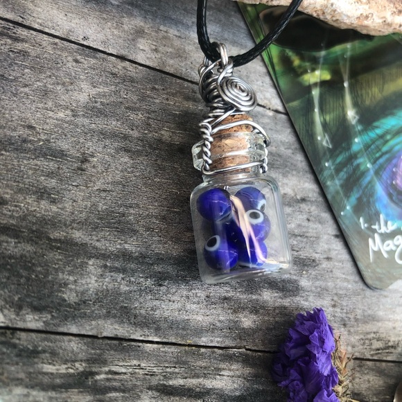 Evil Eye Protection Bottle Necklace Wire Wrapped - in Titanium Wire - Picture 5 of 10